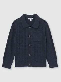 Reiss Tumnus 9-13 yrs Stitch-Detail Polo-Collar Cardigan Cotton-Blend Navy