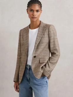 Reiss Neutral Check River Single-Breasted Check Suit Blazer With Linen^Women Suits & Tailoring|Blazers
