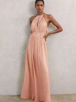 Reiss Pink Vinnie Ring-Detail Halterneck Maxi Dress