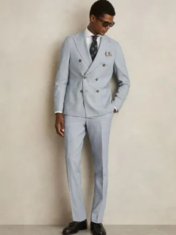 New Reiss Soft Blue Belmont Db Double-Breasted Textured Suit Blazer With Wool Slim-Fit