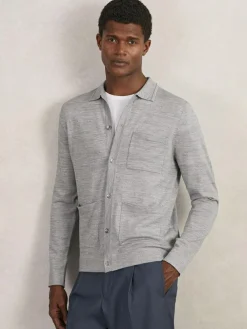 Outlet Reiss Munich Merino Wool Button-Through Shirt Soft Grey Mouline