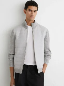 Sale Reiss Townsend Quilted Rib-Knit Funnel-Neck Jacket Soft Grey