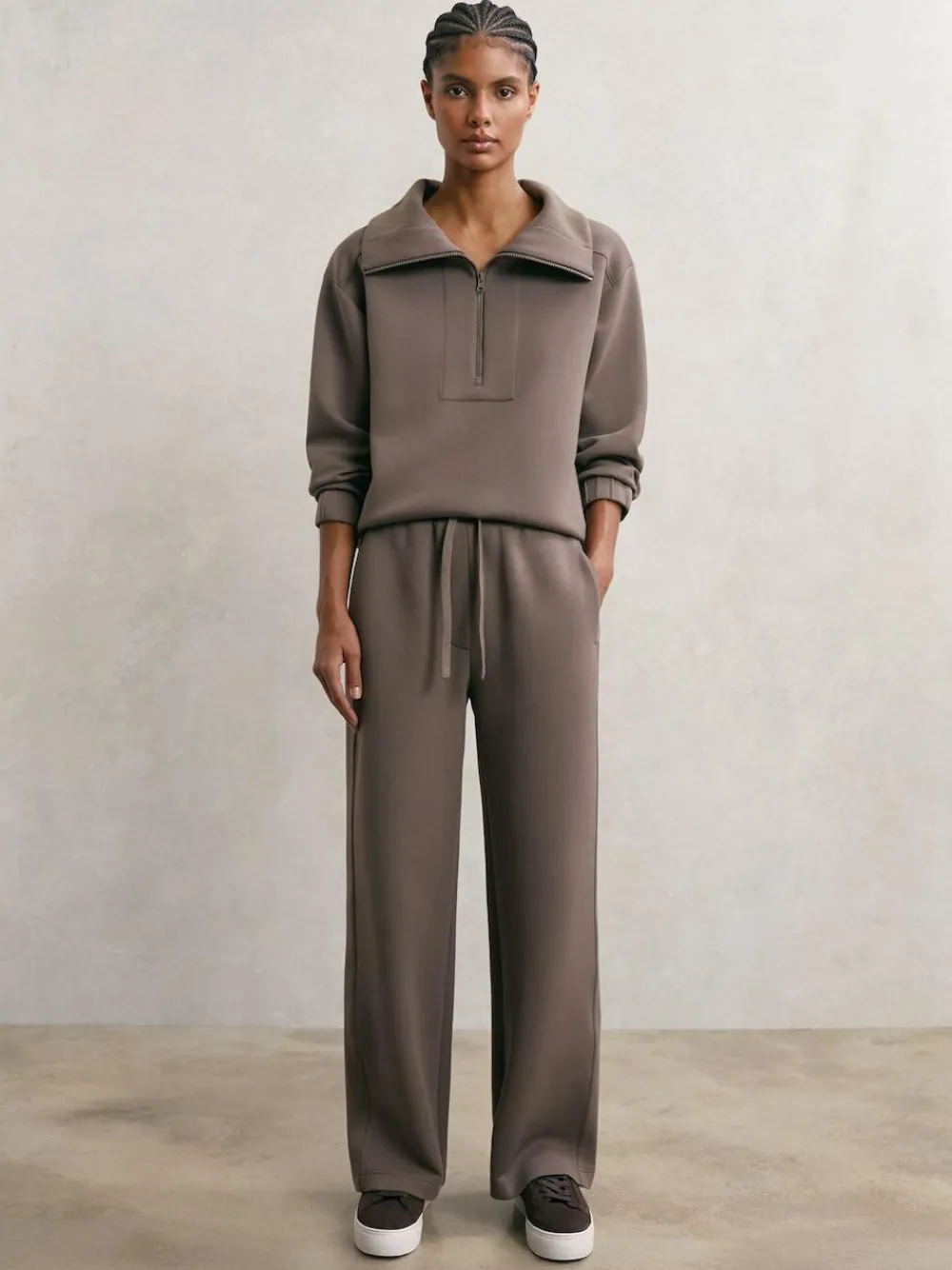 New Reiss Laney Premium Interlock Wide-Leg Joggers Taupe Brown