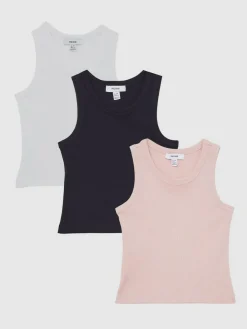 Sale Reiss White/Pink/Navy Violet 3 Pack 13-14 yrs Stretch-Cotton Ribbed Vests