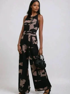 Discount Religion Crew Wide Leg Jumpsuit in Abstract Façade Print Black