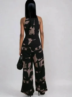 Discount Religion Crew Wide Leg Jumpsuit in Abstract Façade Print Black