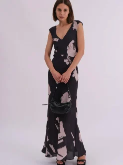 Religion Black Dawn Maxi Column Dress With Draped Back Detail In Hand-Painted Print^Women Maxi Dresses