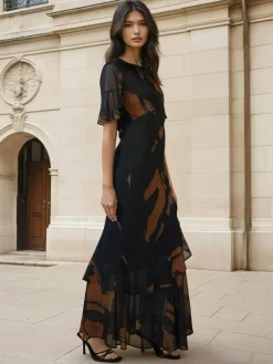 Clearance Religion Black Sophisticated Liv Maxi dress with delicate frills in abstract print