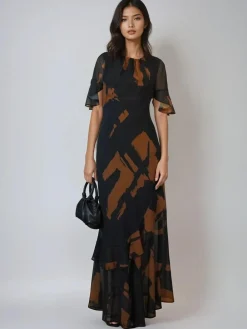 Clearance Religion Black Sophisticated Liv Maxi dress with delicate frills in abstract print