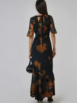 Clearance Religion Black Sophisticated Liv Maxi dress with delicate frills in abstract print