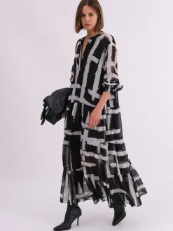 Religion Black Sunset Maxi Shirt Dress With A Tiered Boho Style Skirt In Abstract Prints^Women Maxi Dresses