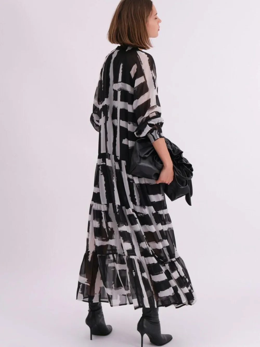 Religion Black Sunset Maxi Shirt Dress With A Tiered Boho Style Skirt In Abstract Prints^Women Maxi Dresses