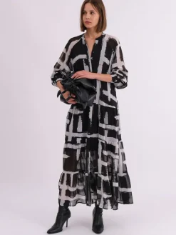 Religion Black Sunset Maxi Shirt Dress With A Tiered Boho Style Skirt In Abstract Prints^Women Maxi Dresses