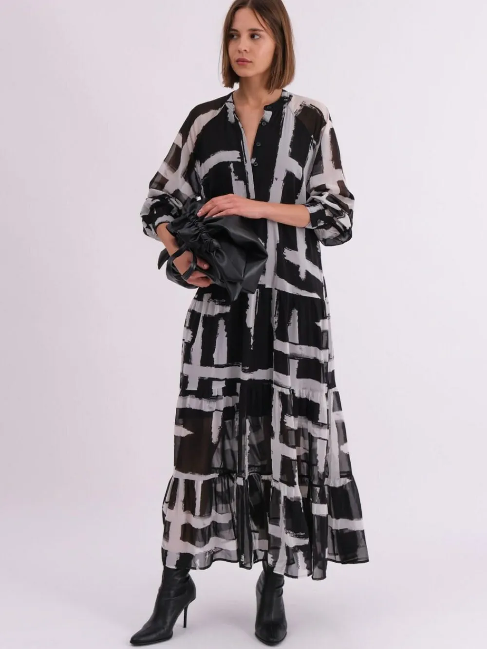 Religion Black Sunset Maxi Shirt Dress With A Tiered Boho Style Skirt In Abstract Prints^Women Maxi Dresses