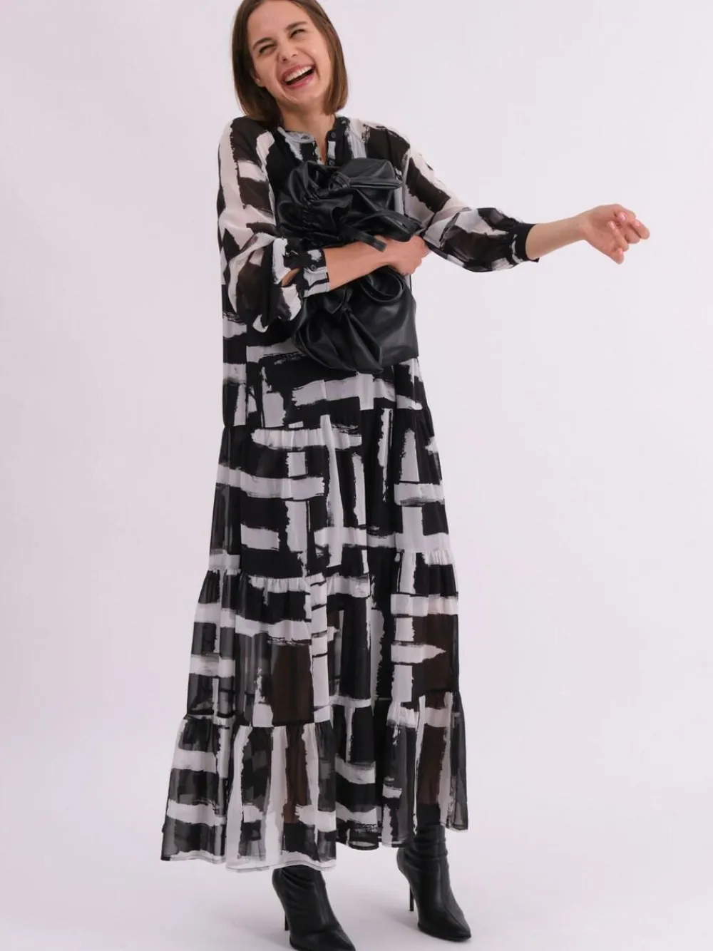 Religion Black Sunset Maxi Shirt Dress With A Tiered Boho Style Skirt In Abstract Prints^Women Maxi Dresses