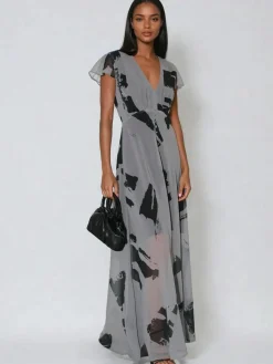 Online Religion Grey Indium Maxi Tea Dress With Feminine Button Detail In Abstract