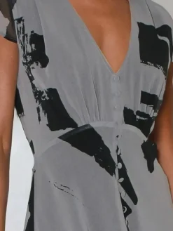 Online Religion Grey Indium Maxi Tea Dress With Feminine Button Detail In Abstract