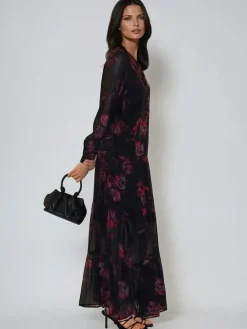 Religion Red Zoe Tiered Maxi Boho Dress With Tiered Skirt In Dark Floral^Women Maxi Dresses