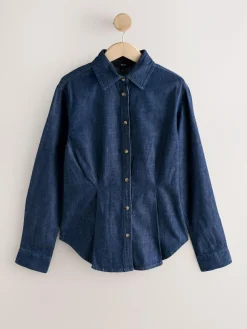 Sale Next Cinch Waist Fitted Long Sleeve Denim Shirt Rinse Blue