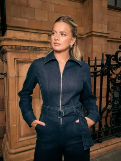 Discount Next Rinse Blue Denim Belted Wide Leg Jumpsuit