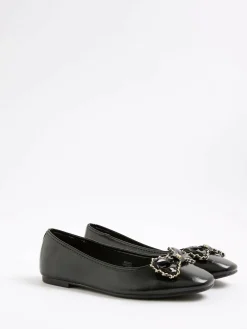 Clearance River Island Black Chain Bow Ballet Pumps
