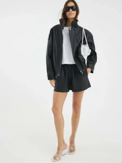 River Island Black Elasticated Faux Leather Shorts^Women Shorts