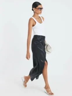 River Island Black Faux Leather Twist Side Midi Skirt^Women Skirts