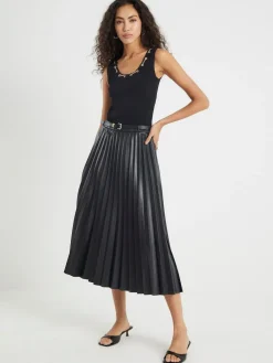 River Island Black Faux Leather Pleated Midi Skirt^Women Skirts