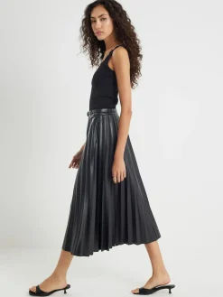 River Island Black Faux Leather Pleated Midi Skirt^Women Skirts