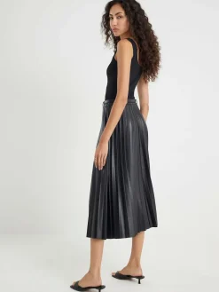River Island Black Faux Leather Pleated Midi Skirt^Women Skirts