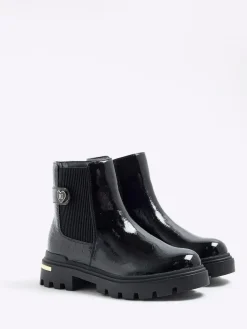 River Island Black Patent Heart Strap Chelsea Boots^ Boots & Wellies