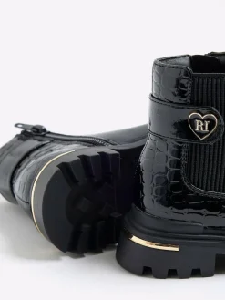 River Island Black Patent Heart Print Strap Chelsea Boots^ Baby Boots|Boots