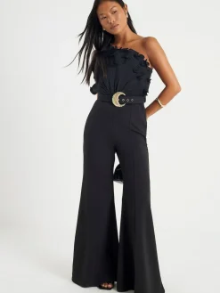 River Island Black Petite 3D Trim One Shoulder Jumpsuit^Women Jumpsuits & Playsuits