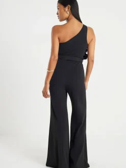 River Island Black Petite 3D Trim One Shoulder Jumpsuit^Women Jumpsuits & Playsuits