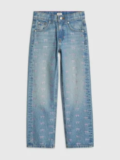 Hot River Island Blue Bow Hotfix Straight Leg Jeans