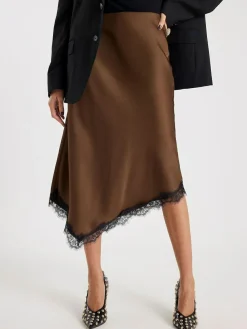 Best River Island Brown Asymmetric Lace Trim Satin Skirt