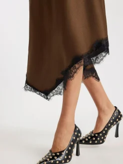 Best River Island Brown Asymmetric Lace Trim Satin Skirt