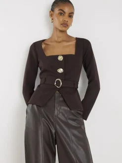 River Island Brown Long Sleeve Square Neck Belted Blazer^Women Suits & Tailoring|Blazers