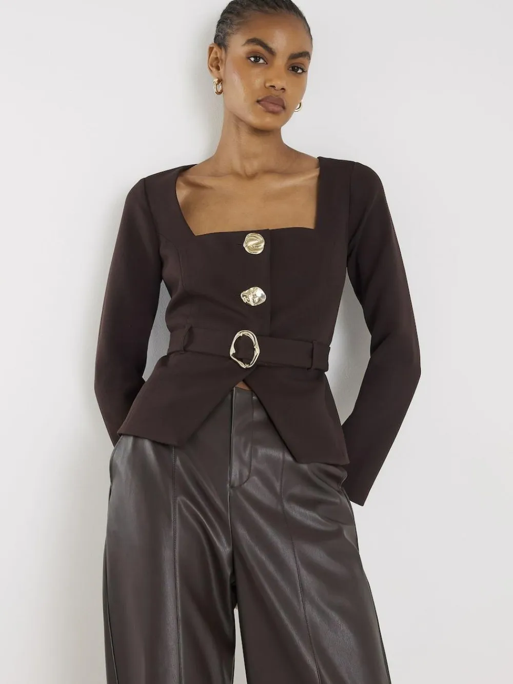 River Island Brown Long Sleeve Square Neck Belted Blazer^Women Suits & Tailoring|Blazers