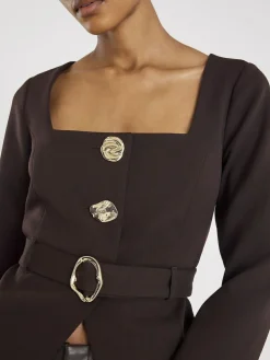 River Island Brown Long Sleeve Square Neck Belted Blazer^Women Suits & Tailoring|Blazers