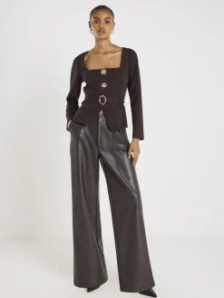 River Island Brown Long Sleeve Square Neck Belted Blazer^Women Suits & Tailoring|Blazers