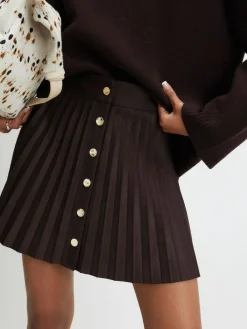 Sale River Island Brown Suedette Button Pleated Mini Skirt