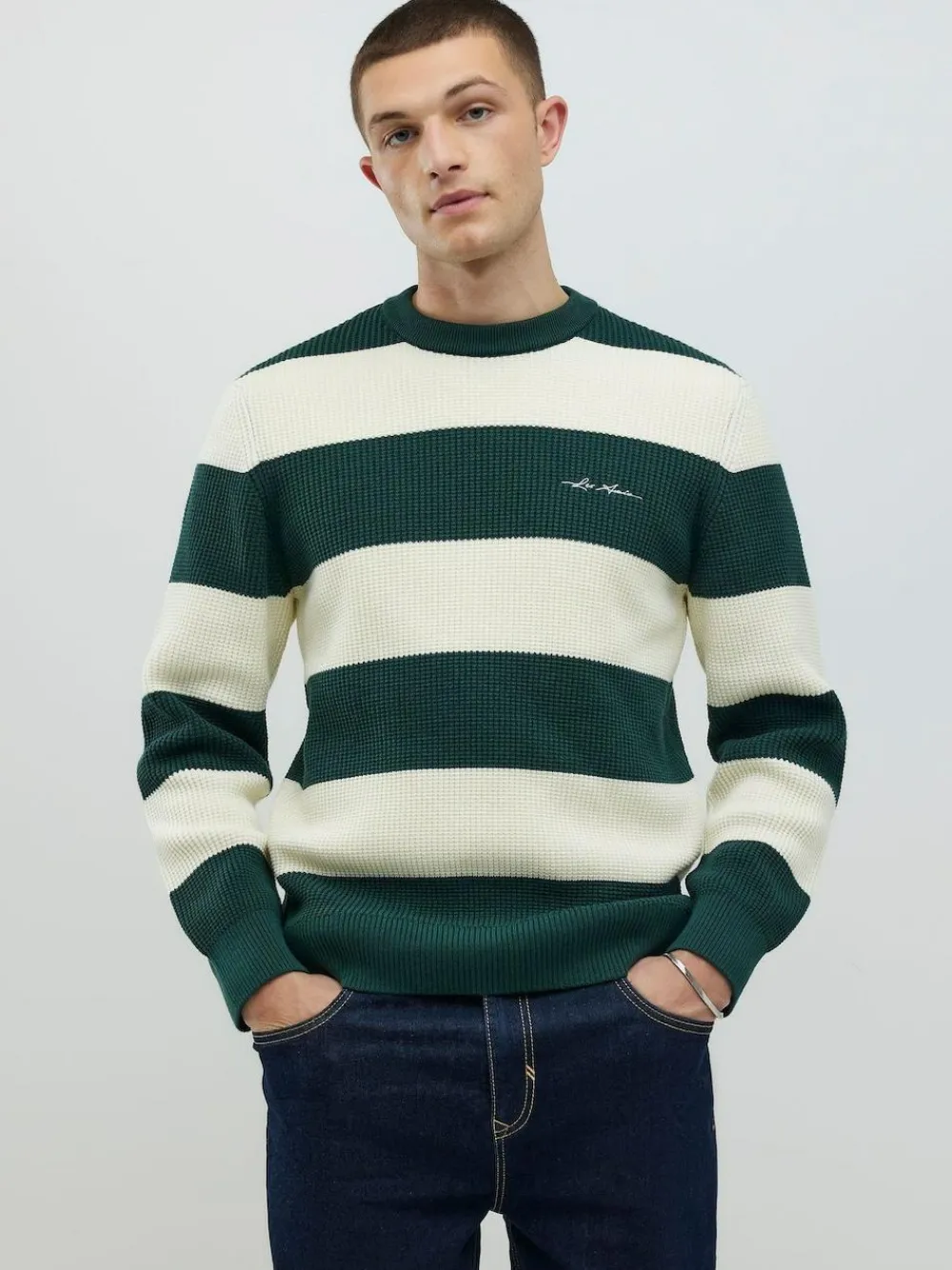 River Island Green Slim Fit Stripe Crew Neck Waffle Knit Jumper^ Loungewear|Knitwear
