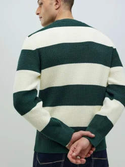River Island Green Slim Fit Stripe Crew Neck Waffle Knit Jumper^ Loungewear|Knitwear