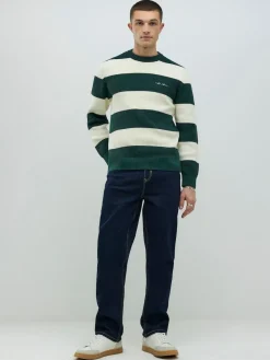 River Island Green Slim Fit Stripe Crew Neck Waffle Knit Jumper^ Loungewear|Knitwear