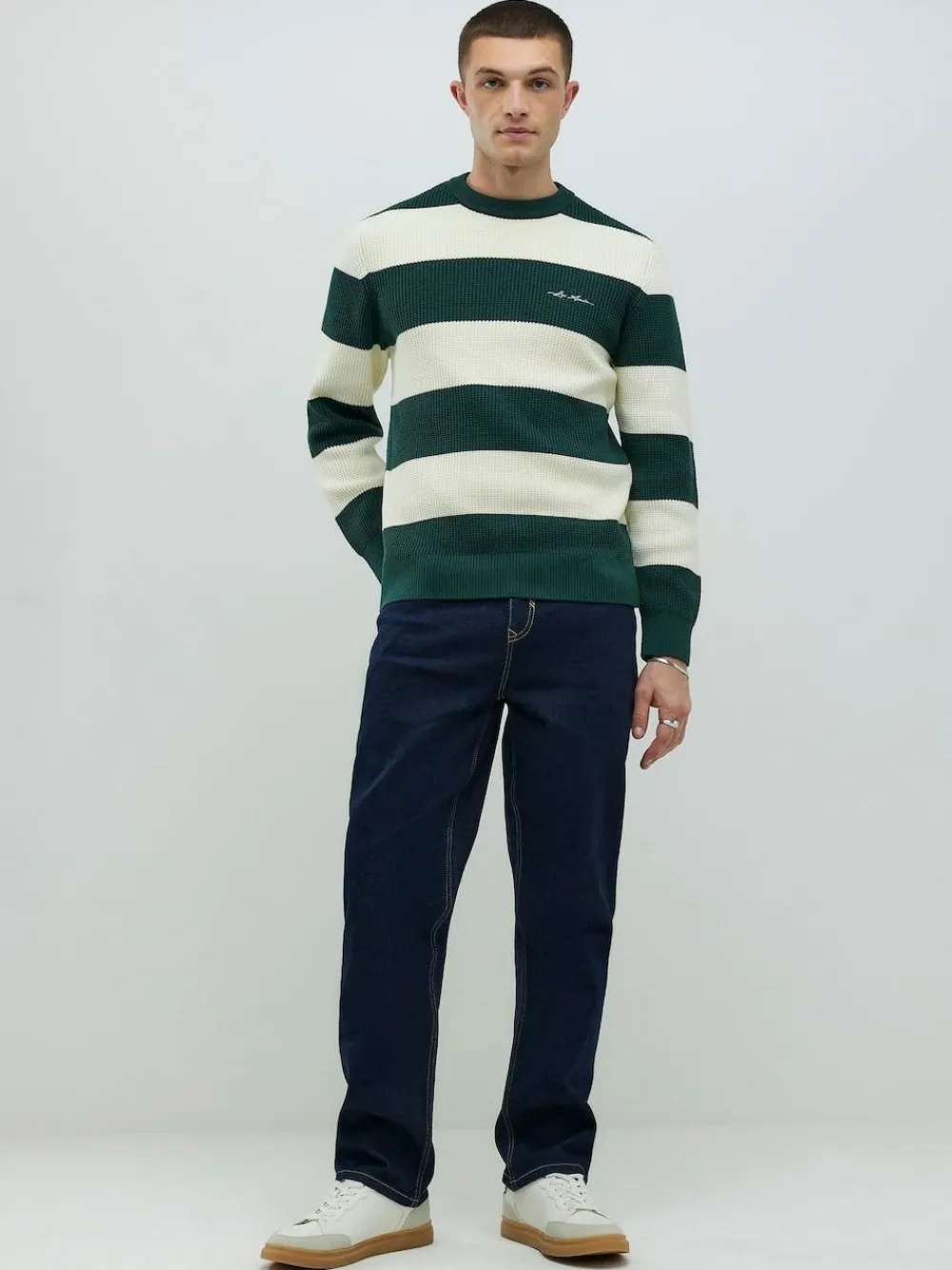 River Island Green Slim Fit Stripe Crew Neck Waffle Knit Jumper^ Loungewear|Knitwear