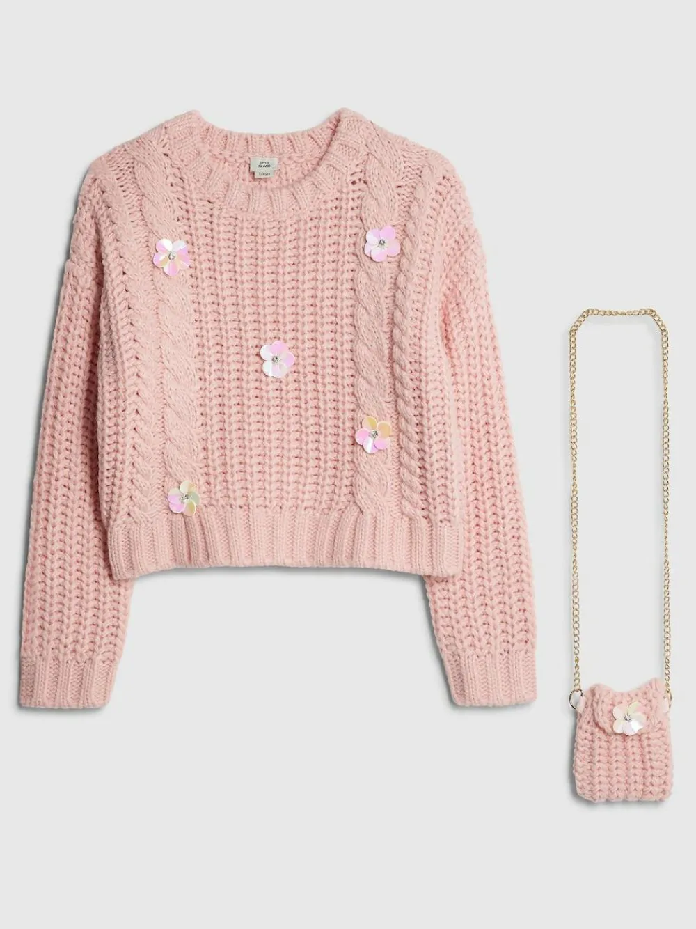 Hot River Island Pink Flower Embroidered Cable Jumper