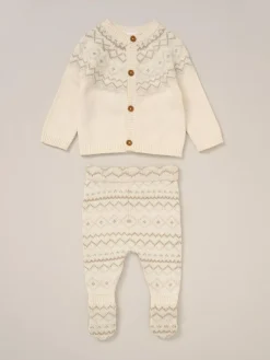 Rock-A-Bye Baby Boutique True Knit Fairisle Pattern White Cardigan And Footed Trousers Outfit Set