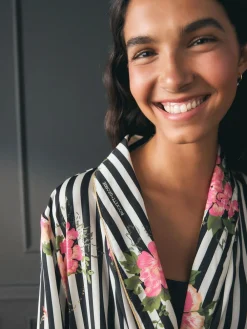 Rockett St George Black/White Flower Power Stripe Satin Robe^Women Bathrobes