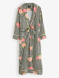 Rockett St George Black/White Flower Power Stripe Satin Robe^Women Bathrobes